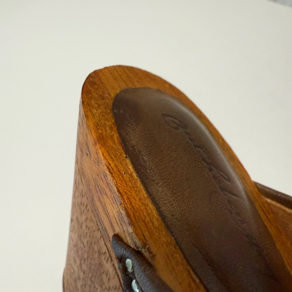 RACHEL COMEY BROWN LEATHER FRINGE WOOD HEEL CLOGS MULES - Picture 10 of 15